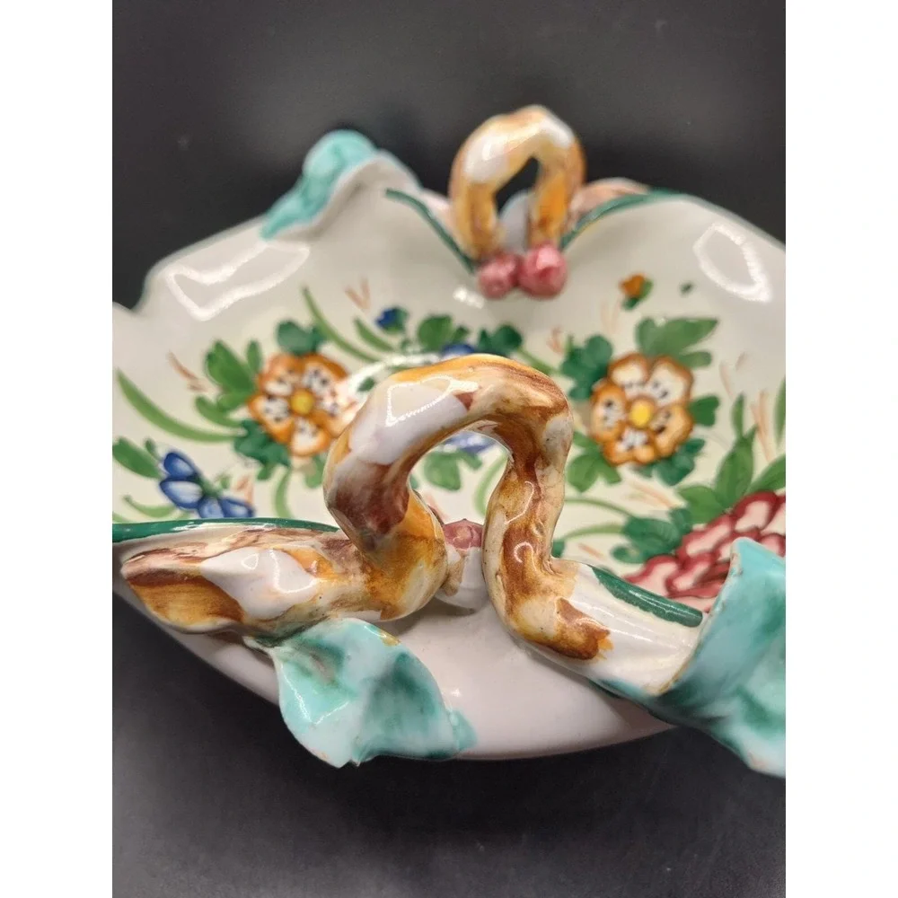 Vintage Italian Pottery Ceramic Basket Hand Painted Floral Flowers 9.5